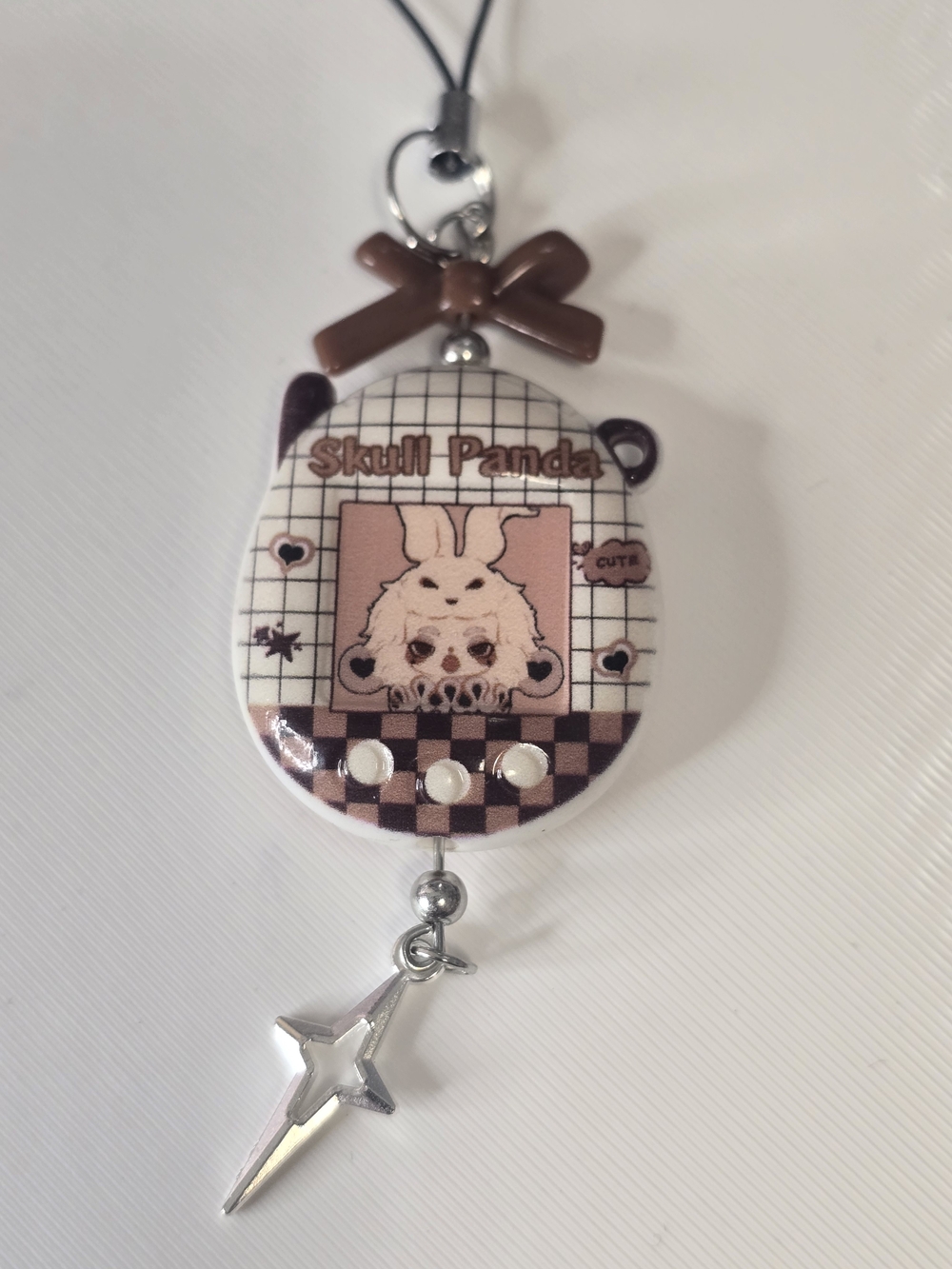 Pink Brown Tamagotchi Phone Charm Keychain- Skull Panda